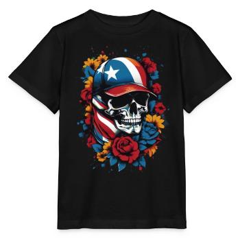 Patriotischer Totenkopf mit Blumendesign - Stanley/Stella Kinder T-Shirt MINI CREATOR  - Schwarz - Vorne - Mikhail (115cm)