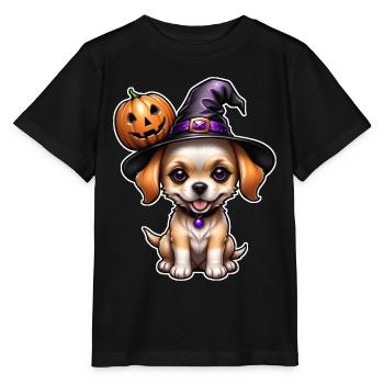 Halloween - cute puppy with pumpkin - Stanley/Stella MINI CREATOR Kids’ T-Shirt - black - Front - Mikhail (115cm)