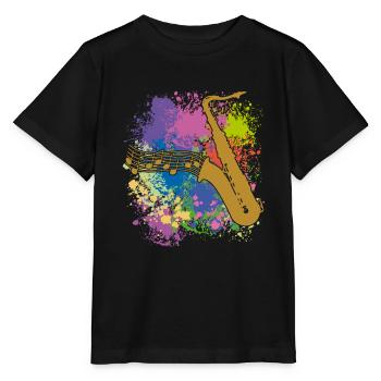 Saxofonsilhouette und Musiknoten auf Farbklecksen - Stanley/Stella Kinder T-Shirt MINI CREATOR  - Schwarz - Vorne - Mikhail (115cm)