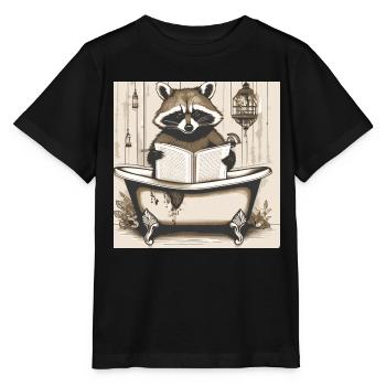 raccoon, newspaper, bathroom, reading, poster - Stanley/Stella MINI CREATOR Kids’ T-Shirt - black - Front - Mikhail (115cm)
