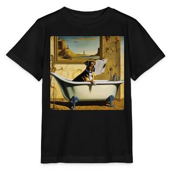 Hund, der im Badezimmer Zeitung liest ,retro look - Stanley/Stella Kinder T-Shirt MINI CREATOR  - Schwarz - Vorne - Mikhail (115cm)