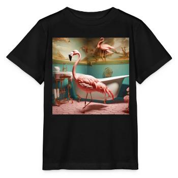 Flamant rose, rétro, flamant rose dans la salle de bain, vintage - T-shirt bio MINI CREATOR Stanley/Stella Enfant - noir - Devant - Mikhail (115cm)