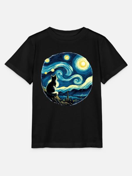 Gemälde Sternennacht Katze Nacht Mond Sterne Kunst - Stanley/Stella Kinder T-Shirt MINI CREATOR - Schwarz