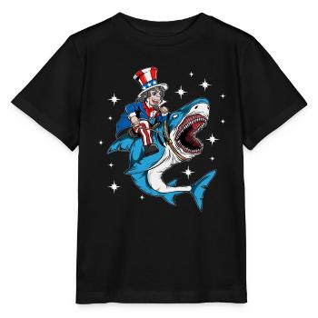 Jour de l’indépendance des États-Unis Un Américain chevauche un requin - T-shirt bio MINI CREATOR Stanley/Stella Enfant - noir - Devant - Mikhail (115cm)