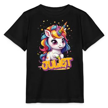 JULIET - Beautiful girl name with cute unicorn - Stanley/Stella MINI CREATOR Kids’ T-Shirt - black - Front - Mikhail (115cm)