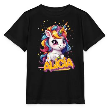 ALICIA - Beautiful girl name with cute unicorn - Stanley/Stella MINI CREATOR Kids’ T-Shirt - black - Front - Mikhail (115cm)