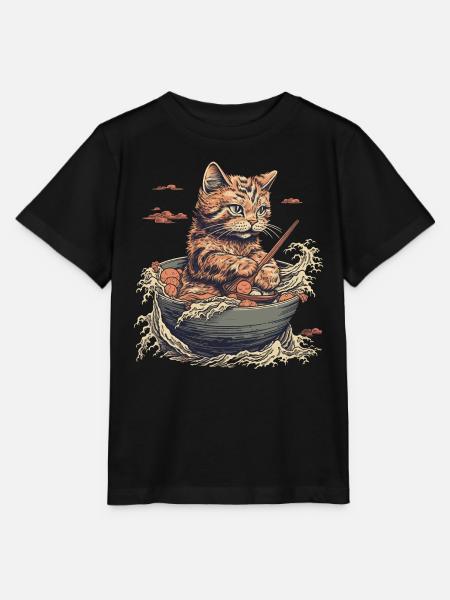 Katze isst Ramen Nudeln, welle von kanagawa - Stanley/Stella Kinder T-Shirt MINI CREATOR  - Schwarz