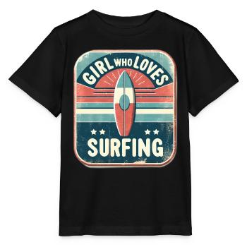 Mädchen, das es liebt, Retro-Surfbrett zu surfen - Stanley/Stella Kinder T-Shirt MINI CREATOR  - Schwarz - Vorne - Mikhail (115cm)