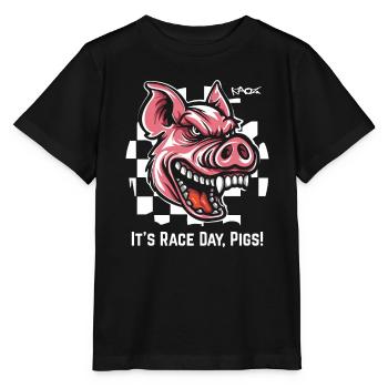Immer bereit für Rennen, Zielflaggen Schwein - Stanley/Stella Kinder T-Shirt MINI CREATOR  - Schwarz - Vorne - Mikhail (115cm)