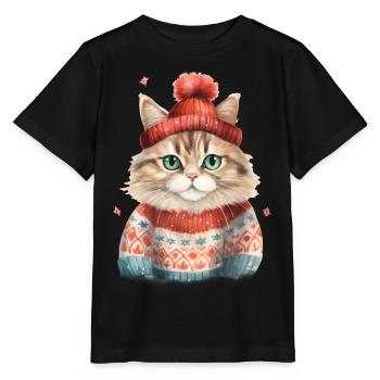 Winterkatze im Strickpullover - Stanley/Stella Kinder T-Shirt MINI CREATOR  - Schwarz - Vorne - Mikhail (115cm)