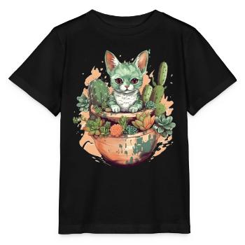 Cat in teracotta pot with cactus - Stanley/Stella MINI CREATOR Kids’ T-Shirt - black - Front - Mikhail (115cm)