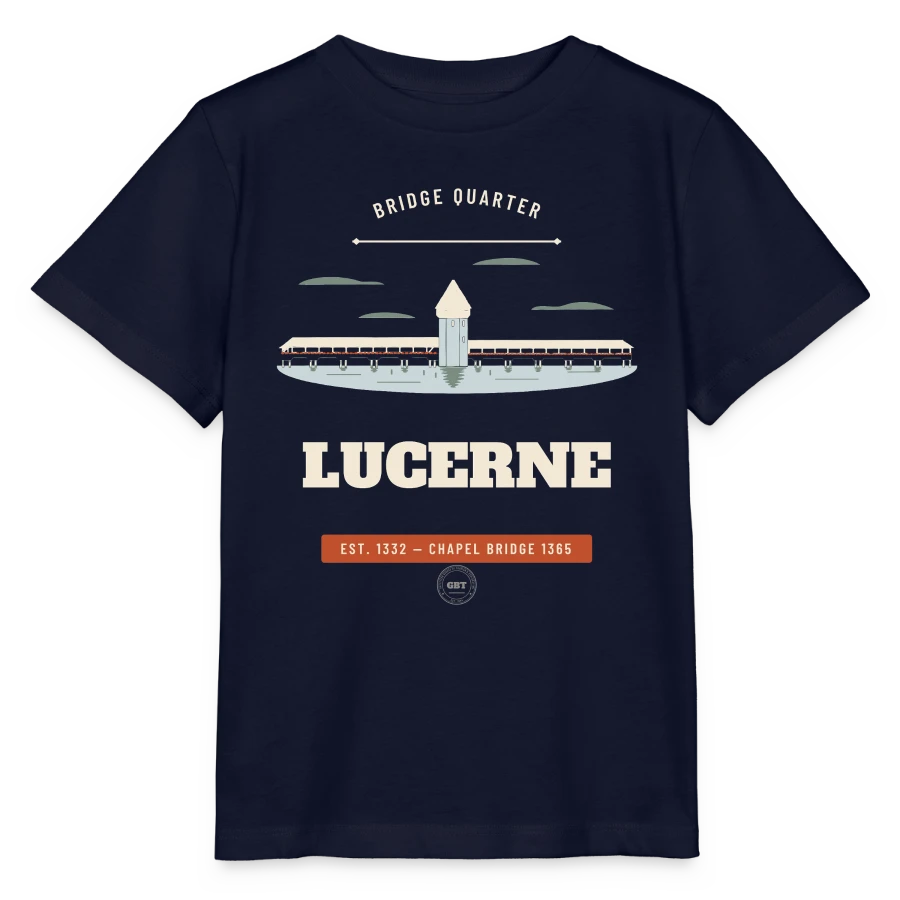 Lucerne badge on a stanley/stella mini creator kids’ t-shirt, navy