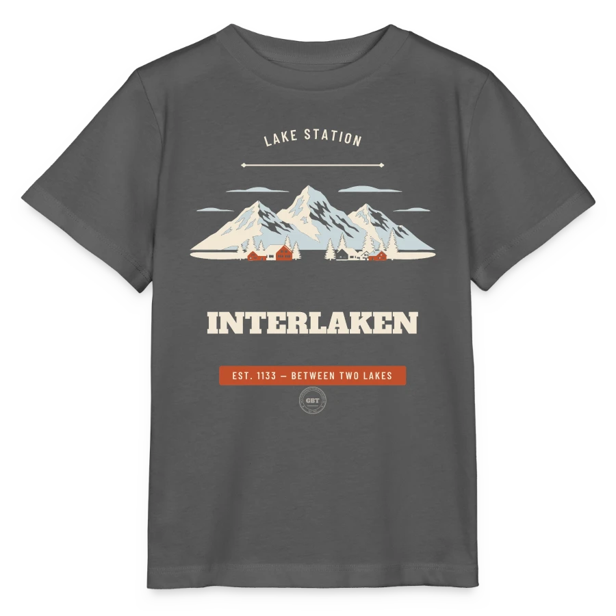 Interlaken badge on a stanley/stella mini creator kids’ t-shirt, anthracite