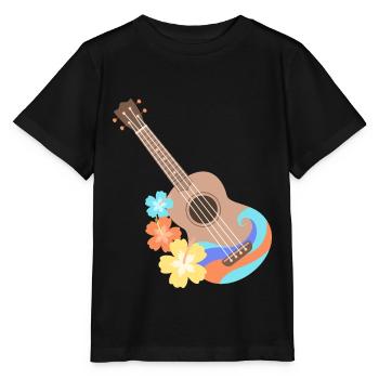 Ukulélé marron motif vague avec fleurs d'Hibiscus - T-shirt bio MINI CREATOR Stanley/Stella Enfant - noir - Devant - Mikhail (115cm)