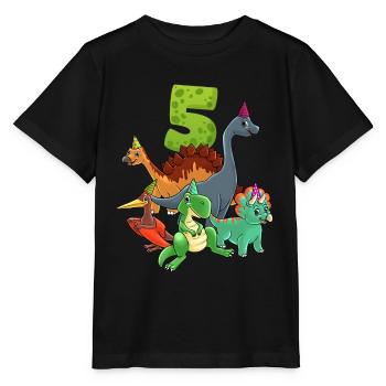 Dinos five year old boy 5th birthday Trex - Stanley/Stella MINI CREATOR Kids’ T-Shirt - black - Front - Mikhail (115cm)