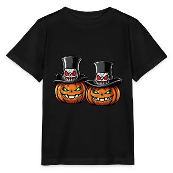 Zwei grinsende Halloweenkürbisse mit Zylinder - Stanley/Stella Kinder T-Shirt MINI CREATOR  - Schwarz - Vorne - Mikhail (115cm)
