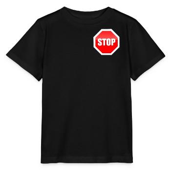 Roter STOP-Platten-Grafikdruck - Stanley/Stella Kinder T-Shirt MINI CREATOR  - Schwarz - Vorne - Mikhail (115cm)