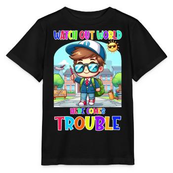 Attention monde - voici les ennuis - T-shirt bio MINI CREATOR Stanley/Stella Enfant - noir - Devant - Mikhail (115cm)