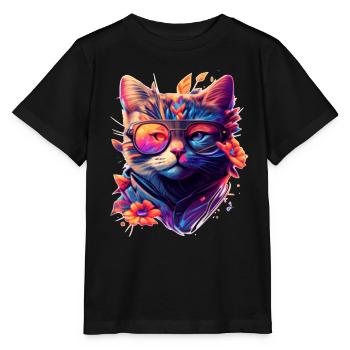 Bunte Regenbogen Katze mit stylisher Sonnenbrille - Stanley/Stella Kinder T-Shirt MINI CREATOR  - Schwarz - Vorne - Mikhail (115cm)