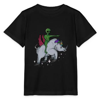 Ausländer, der fliegendes Nashorn - lustiges niedliches Nashorn reitet - Stanley/Stella Kinder T-Shirt MINI CREATOR  - Schwarz - Vorne - Mikhail (115cm)
