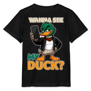 Wanna See My Duck? Funny Mallard Pun - Stanley/Stella MINI CREATOR Kids’ T-Shirt - black - Front - Mikhail (115cm)