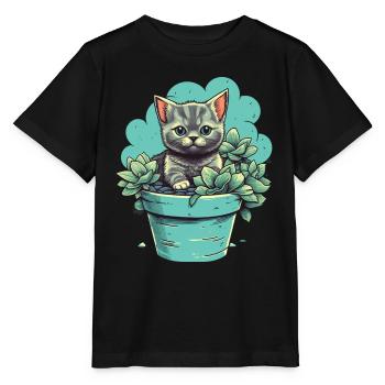 Chaton mignon dans un pot de fleurs avec des plantes succulentes - T-shirt bio MINI CREATOR Stanley/Stella Enfant - noir - Devant - Mikhail (115cm)