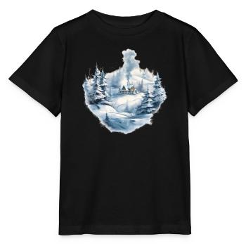 Wintertag mit Schnee Rauch Bäume und Weihnachten - Stanley/Stella Kinder T-Shirt MINI CREATOR  - Schwarz - Vorne - Mikhail (115cm)
