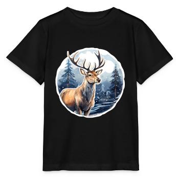 Schneebedeckte Winterlandschaft mit Hirsch - Stanley/Stella Kinder T-Shirt MINI CREATOR  - Schwarz - Vorne - Mikhail (115cm)