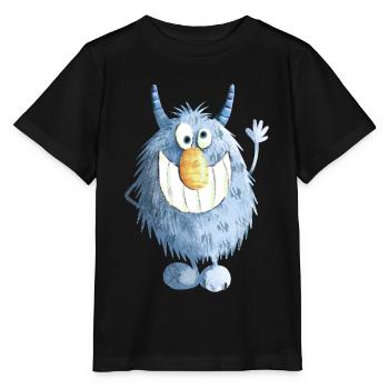 Blaues Grinse Monster - Stanley/Stella Kinder T-Shirt MINI CREATOR  - Schwarz - Vorne - Mikhail (115cm)