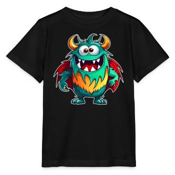 Niedliches lachendes Monster mit Superhelden Cape - Stanley/Stella Kinder T-Shirt MINI CREATOR  - Schwarz - Vorne - Mikhail (115cm)