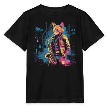 Cat Saxophone Musicien Jazz Saxophoniste Swing Meow - T-shirt bio MINI CREATOR Stanley/Stella Enfant - noir - Devant - Mikhail (115cm)