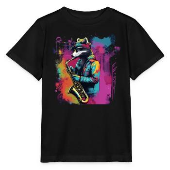 Waschbär Saxophon Jazz Musiker Saxophonist Swing - Stanley/Stella Kinder T-Shirt MINI CREATOR  - Schwarz - Vorne - Mikhail (115cm)