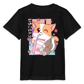 Süße japanische Kawaii Katze Erdbeermilch Shake Nek - Stanley/Stella Kinder T-Shirt MINI CREATOR  - Schwarz - Vorne - Mikhail (115cm)