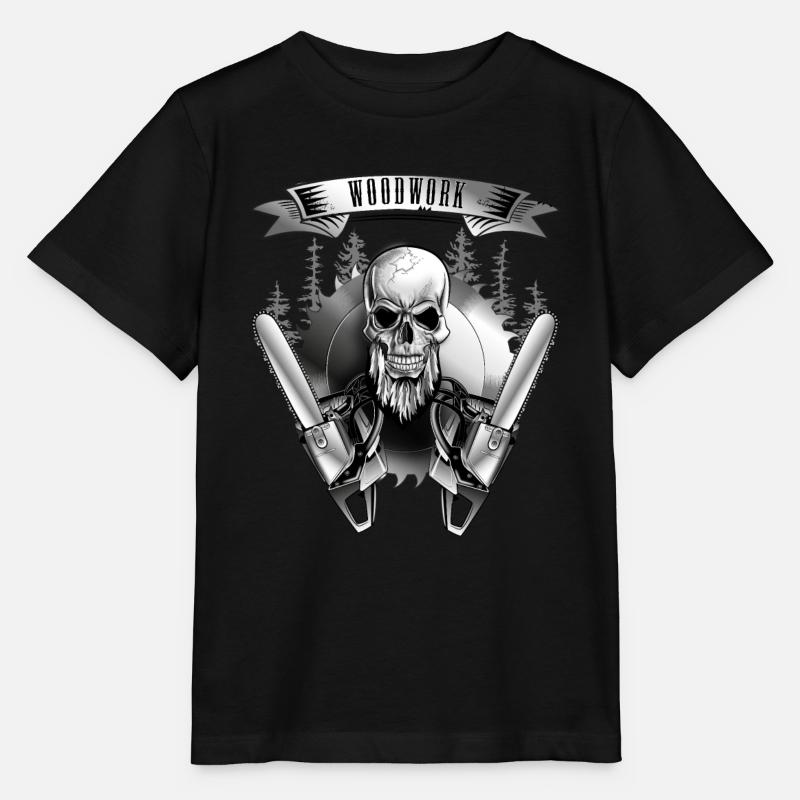 Crâne de bûcheron avec barbe et tronçonneuse dans la forêt - T-shirt bio MINI CREATOR Stanley/Stella Enfant - noir