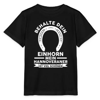 Pferd Reitsport Reiten Pferdesport Hannoveraner - Stanley/Stella Kinder T-Shirt MINI CREATOR  - Schwarz - Vorne - Mikhail (115cm)