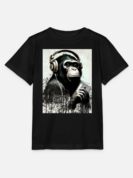 Schimpanse mit Kopfhörer Smarphone - Stanley/Stella Kinder T-Shirt MINI CREATOR  - Schwarz