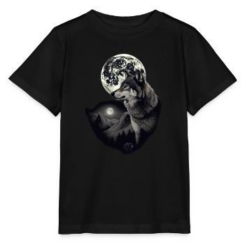 Wald mit Vollmond und grauem Wolf wildes Tier - Stanley/Stella Kinder T-Shirt MINI CREATOR  - Schwarz - Vorne - Mikhail (115cm)