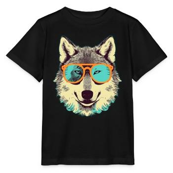 Grauer Wolf im Retro-Sonnenbrillenrahmen Wolves Graphic - Stanley/Stella Kinder T-Shirt MINI CREATOR  - Schwarz - Vorne - Mikhail (115cm)