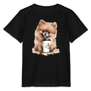 Pommerianischer Hund mit Kaffee -Aquarellstil - Stanley/Stella Kinder T-Shirt MINI CREATOR  - Schwarz - Vorne - Mikhail (115cm)