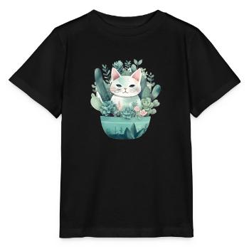 Chat dans les plantes verdâtres en pot de fleurs - T-shirt bio MINI CREATOR Stanley/Stella Enfant - noir - Devant - Mikhail (115cm)