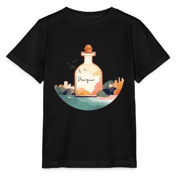 Flacon de parfum « Unique » dans un paysage magnifique - T-shirt bio MINI CREATOR Stanley/Stella Enfant - noir - Devant - Mikhail (115cm)