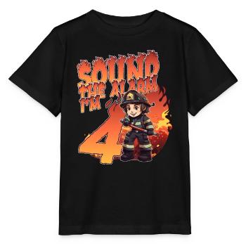 Kids Firefighter 4 Year Old Birthday Boy Theme - Stanley/Stella MINI CREATOR Kids’ T-Shirt - black - Front - Mikhail (115cm)