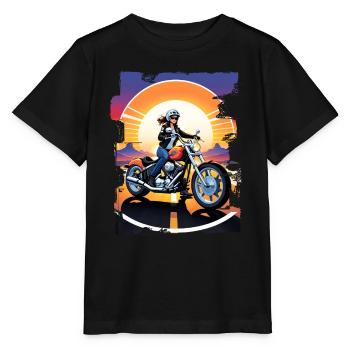 Motorrad und Sonnenuntergang, Biker-Geschenk - Stanley/Stella Kinder T-Shirt MINI CREATOR  - Schwarz - Vorne - Mikhail (115cm)