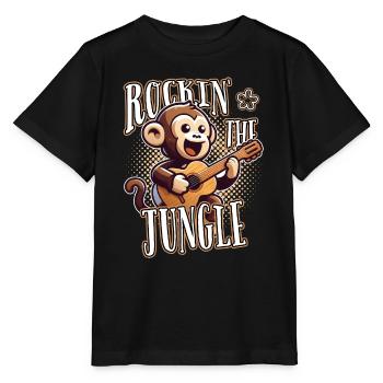 Rockin' The Jungle: Lustiger Affe mit Gitarre - Stanley/Stella Kinder T-Shirt MINI CREATOR  - Schwarz - Vorne - Mikhail (115cm)