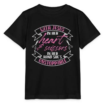 With Jesus In Her Heart And Scissors In Her Hand - Stanley/Stella MINI CREATOR Kids’ T-Shirt - black - Front - Mikhail (115cm)