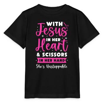 With Jesus In Her Heart And Scissors In Her Hand - Stanley/Stella MINI CREATOR Kids’ T-Shirt - black - Front - Mikhail (115cm)