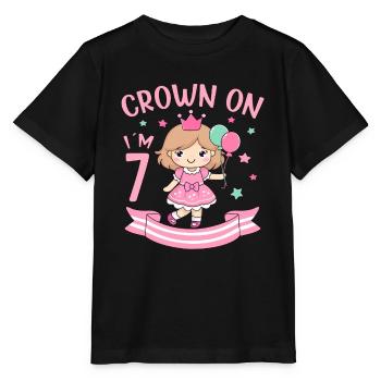 7th Birthday Girl Princess Crown On I am 7 Years - Stanley/Stella Kinder T-Shirt MINI CREATOR  - Schwarz - Vorne - Mikhail (115cm)