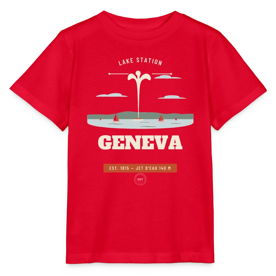 Geneva badge on a stanley/stella mini creator kids’ t-shirt, red