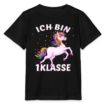 Einschulung süßes Einhorn Ich bin 1. Klasse - Stanley/Stella Kinder T-Shirt MINI CREATOR  - Schwarz - Vorne - Mikhail (115cm)