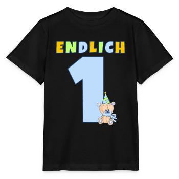 ENDLICH 1 Erster Geburtstag Kindergeburtstag Bär - Stanley/Stella Kinder T-Shirt MINI CREATOR  - Schwarz - Vorne - Mikhail (115cm)